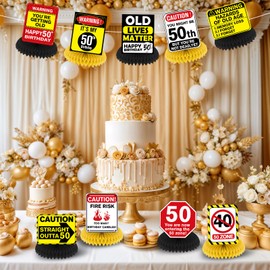 9Pcs 50th Birthday Honeycomb Centerpieces Funny 50th Birthday Decorations for Adults 50 Years Old Party Decor, Cheers to 50 Years Party Banner Table Topper Caution Logos Sign for Men Women