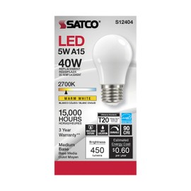 Satco S12404, Soft White, 2700K, Medium Base, 90 CRI, 120 Volt, 5 Watt LED A15 Bulb