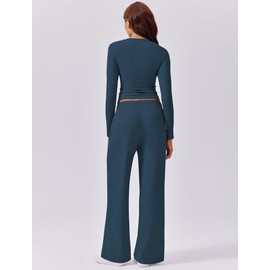 PINSPARK Women's Athletic Clothing Sets 2024 Long Sleeve Crop Top Drawstring Wide Leg Pants Matching Loungewear Yoga Sets, Dark Blue Small