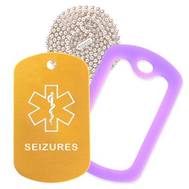 Seizures Medical Alert ID Necklace with Gold Tag, Purple Silencer, and 30'' USA Chain - 154 Color Choices