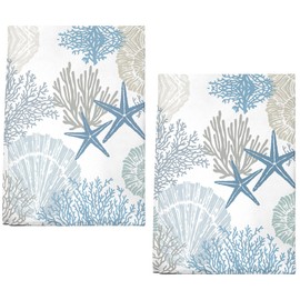 Accnicc Nautical Coastal Hand Towels for Bathroom, Blue Ocean Beach Seashell Starfish Themed Bathroom Hand Towels Set of 2, Decorative Absorbent Soft Microfiber Bath Towel Kitchen Hotel Spa Decor