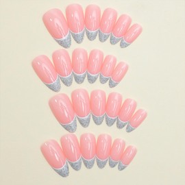 Tyuimhx Glitter French Tip Press on Nails Medium Almond Fake Nails Full Cover False Nails Reusable Stick on Nails Acrylic Glossy Artificial Nails for Women Girls Glue on Nails 24Pcs