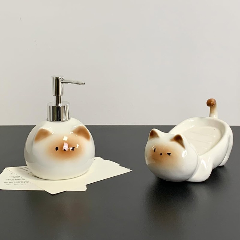 Ceramic Cute Cat Soap Dispenser with Pump, Perfect for Dish