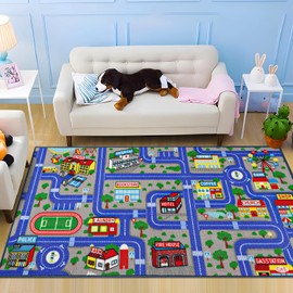 Capslpad Blue Car Road Kid Rug Carpet Playmat for Playoom Traffic Road Kids Play Mat for Toddler Non Slip Washable City Map Race Track Carpet Rug for Kids Room Bedroom Nursery Room Decor,5'x2.7'