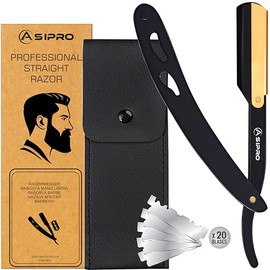 Navajas de Afeitar para Hombre con 20 Hojas de Afeitar de Filo Recto y Estuche, Color Negro-Oro