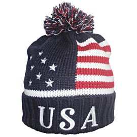 Best Winter Hats American Flag Beanie Embroidered USA Matrix Font W/Pom Pom - Navy/White