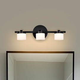 Antique House Modern LED Bathroom Vanity Light Fixture – 3-Light Matte Black Over Mirror Wall Light with Acrylic Crystal Shades, 3000K Warm White – Hardwired, 16” Wide