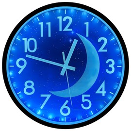 JoFomp LED Light Up Wall Clocks Glow in Dark, 12 Inch Silent Wall Clock Battery Operated, Blue Moon Night Light Wall Clocks for Living Room Decor, Sound Control Glow in The Dark Wall Clock for Bedroom