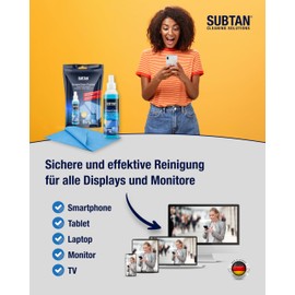 SUBTAN ScreenClean Pocket - Display-Reinigungsset für unterwegs - 100ml Display Reiniger + Display-Tuch 30x38 cm - Set für Smartphone und Tablet - Made in Germany
