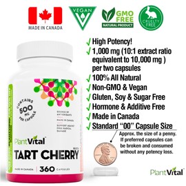 Plantvital PlantVital Tart Cherry Capsules - Made in Canada - 10,000mg (10:1 Cherry Extract) Per Day - Montmorency Supplement for Antioxidants - Vegan, Non-GMO, Gluten & Soy Free - 2 Months Supply - 360 Capsules