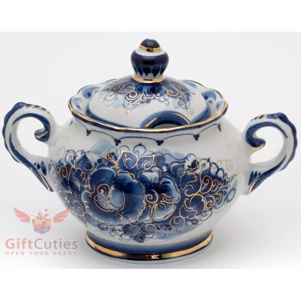 Porcelain Gzhel sugar bowl box server gold plated handmade in