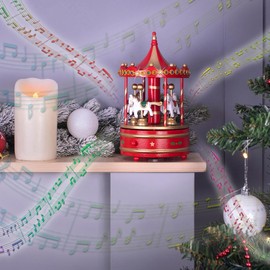 mysmartbuy.com Red & Gold Wooden Carousel Music Box Christmas Decoration – Fully Mechanical Rotating Festive Xmas Home Decor Ornament for Table, Windowsill, Fireplace – Measures H23 x 14cm Diameter