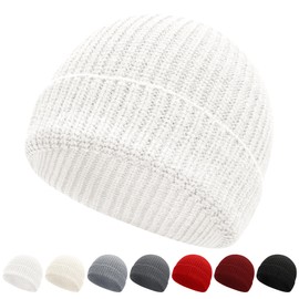NPQQUAN Fisherman Beanies for Men Women Short Cuff Knit Beanie Winter Warm Hats Cap White