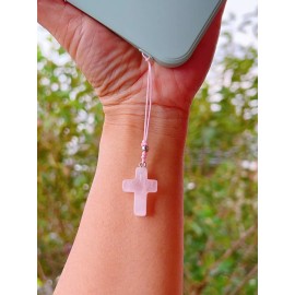 Maijewelry Pink Rose Quartz Cross Phone Charm, Cross Bag Charm, Cross Keychain Charm
