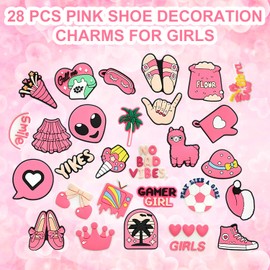 28 Pcs Shoe Charms for Croc, Cute Pink Shoe Decoration Charms Clog Pins Bracelet Wristband Accessories, Waterproof PVC Shoe Charms for Kids Adults Teens Birthday Party Gifts