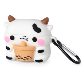 Mouzor for AirPods 4 Case, Cute Boba Tea Cow AirPods 4th Generation (2024) Case Funny 3D Cartoon Animal Heavy Duty Protection PVC Charging Case Cover with Carabiner for Kids Girls Women