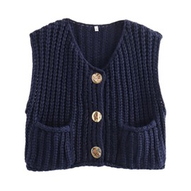 Women's Chunky Knit Vest Button Down Casual Sleeveless Cropped Crochet Sweater Cardigan with Pockets(016-Navy-XS)