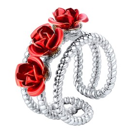 U7 Ladies Open Ring Gold Plated Red Rose Flowers Adjustable Ring Fashion Jewelry for Women Girls 3 Colors to Choose Gift for Anniversary Valentine's Day, Plated with platinum