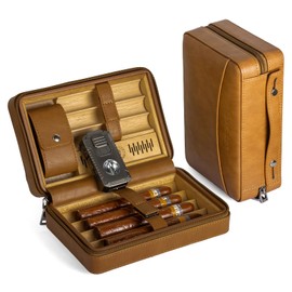 BASNLIFE Leather Cigar Humidor Case, Cedar Wood Lined Travel Humidor with 5-in-1 Cigar Lighter, Built-in V Cutter, Cigar Holder & Humidifier, Ideal Cigar Accessories Set for Men (Brown)