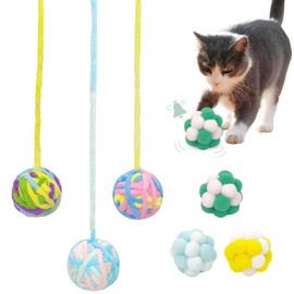 HFZRZFH 6 Piece Hand-Woven Fuzzy Woolen Yarn Cat Ball Toys with Rope and Bells - Interactive Indoor Kitten Toys for Play and Exercise, Fun and Colourful