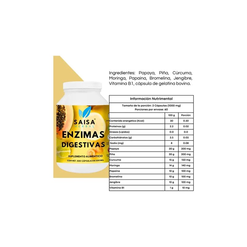 Enzimas Digestivas Suplemento 500cáp Mejor Digestión Premium Sin Sabor