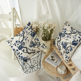 WCYYWGO Spring Throw Pillows Blue Flowers Leaves Pillow Cover Sofa Cushion Cover 18x18 Set of 2 Linen Farmhouse Decor Home Decor Pillowcase Indoor Outdoor Sofa Chair Back Pillow Cover