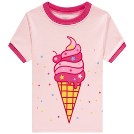 Popshion Girls Pajamas Short Sleeve 100% Cotton Toddler Girls Ice-Cream Pjs Summer Clothes Sleepwear Sets(6492-Pink Ice cream 2T)