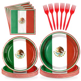 Grencian 96Pcs Mexico Flag Birthday Party Supplies Mexican Flag Party Plates Nappkins Forks for Mexican Birthday Party Mexican Independence Day Decorations, Serves 24