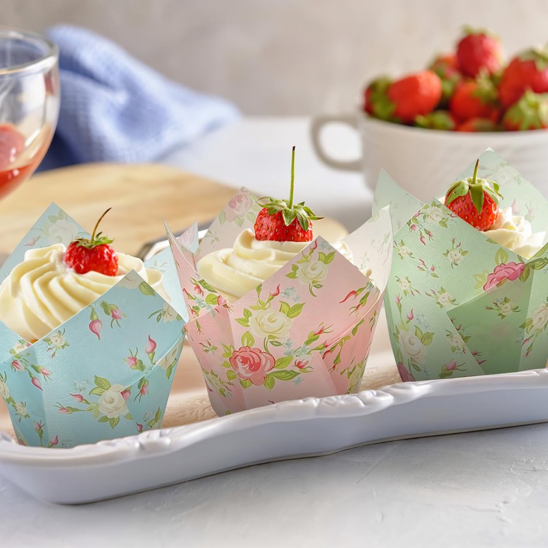 200Pcs Tulip-Shaped Cupcake Liners, 4 Colors, 3.2×2 Inches
