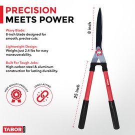TABOR TOOLS B620A Hedge Shears with Wavy Blade for Trimming Borders, Boxwood, and Bushes, Manual Hedge Clippers with Comfort Grip Handles.