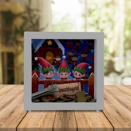 Elf Frame Wooden Money Box Christmas Money – Save with Magic Elf Frame Money Box Made of Wood in Wooden Hut Design Winter Scene for Festive Mood with Christmas Trees