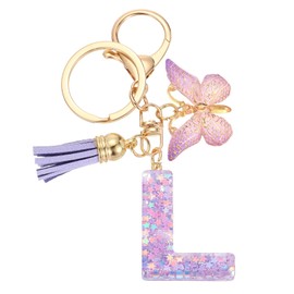 uxcell Initial Letter Keychains, Resin Cute Butterfly Tassel Pendant Accessory for Women, Alphabet Key Ring for Purse Handbags Backpack, Purple-L
