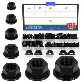 Glarks 135pcs Black Nylon Flange Nuts M3 M4 M5 M6 M8 M10 M12 Nylon Hex Flange Nuts Flange Nylon Insert Lock Nuts Flanged Locknuts Hexagon Head Flange Nuts Hex for Industrial Construction Fasteners