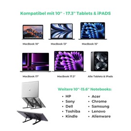Foldable Aluminium Laptop Stand - The Height-Adjustable Laptop Stand for MacBook Pro/Air, HP, Sony, Dell and Other Notebooks! Ventilated Cooling & Holder for All 10 - 15.6 Inch Laptops, Black