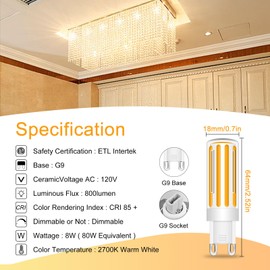 LFLAMPON 8W G9 LED Light Bulbs 80W Halogen Equivalent, Soft White 2700K, 360 Beam Angle, 120V 800LM, G9 Bi Pin Base Bulbs Dimmable for Chandeliers Home Lighting, 2 Count