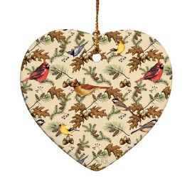GRAPHICS & MORE Birds Songbirds Oak Leaves Acorns Pinecones Autumn Fall Heart-Shaped Porcelain Holiday Christmas Tree Ornament - 2.8"