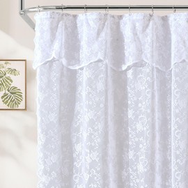 HLC.ME Harper Lace Shower Curtain for Bathroom with Floral Vine Design and Attached Valance – Elegant Victorian Classic Style (White, 72 x 84 Inch)