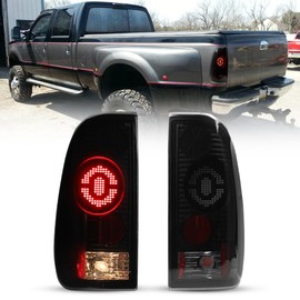 Winjet LED Tail Lights Fit For 1997-2003 Ford F150 & 1999-2007 Ford F250 /F350 /F450 /F550 Super Duty Taillight Assembly w/LED Turn Signal/Running/Brake Light (Black Housing Smoked Lens)