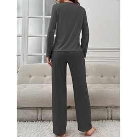 Bunanphy Womens 2 Piece Pajama Sets Solid Color Loose Fit Long Sleeve Tops and Pants Lounge Sets #A Grey Medium