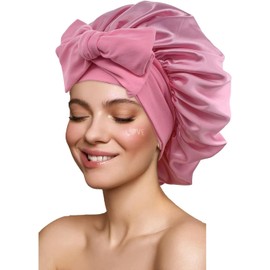 Gorro de Pelo Rizado de Satén,Dormir de Seda Ajustable,Banda Elástica,Gorro de Noche para Cabello Rizado,Ideal para Dormir,Ducha y Belleza,Rosa