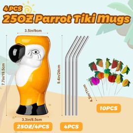 25 OZ Tiki Mugs for Cocktail Set of 4 - Large Ceramic Tiki Cups,Tiki Glasses Cute Exotic Cocktail Glasses, For Hawaiian Party And Tiki Bar