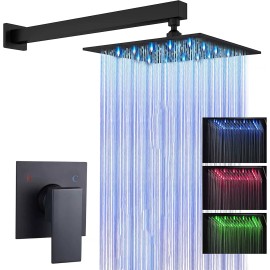 BWE Black Shower Faucet Set 8" LED Rainfall Shower Head Combo Kit with Mixing Valve