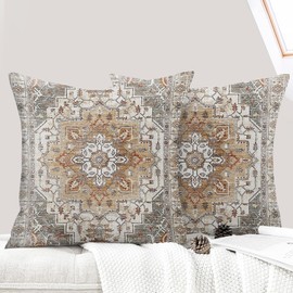 ECZOIL Set of 2 Boho Cushion Covers, 40 x 40 cm, Bohemian Flowers, Decorative Cushion Cover, Flax, 16 x 16 Inches, Double-Sided Print, Decorative Cushion Cover for Living Room, Sofa, Bedroom, Brown