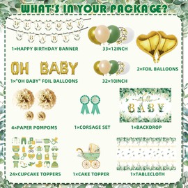 CAILESS Sage Green Baby Shower Decorations,107Pcs Baby Shower Party with Banner Backdrop Balloons Cake&Cupcake Toppers Tablecloth and Parent's Straps Brooches for Gender Neutral Baby Shower Party