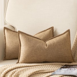 Yaertun Pack of 2 Decorative Linen Soild Throw Pillow Covers Farmhouse Neutral Cushion Covers Pillowcase for Chair Couch Sofa Bedroom Living Room Home Decor 12 x 20 Inch 30x50cm Camel