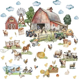 Large Farm Animal Wall Decals Peel and Stick Vintage Farmhouse Funny Animal Wall Stickers Cute Sheep Chicken Rooster Duck Horse Pig Cow Farm Wall Stickers for Kids Room Playroom Decor