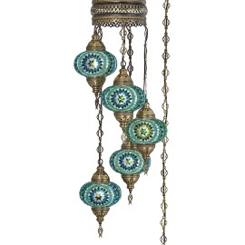 DEMMEX PLUG IN 5 Globe Turkish Mosaic Ceiling Hanging Swag Lamp Chandelier Light w PLUG - Swag, Teal