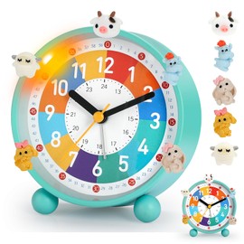 PIXESTT Children's Alarm Clock, Children's Alarm Clock for Back to School, No Ticking Noise, with Night Light and Snooze Function, with 5 Alarm Clock Decoration, Suitable for Learning, Sleep Wake-up C