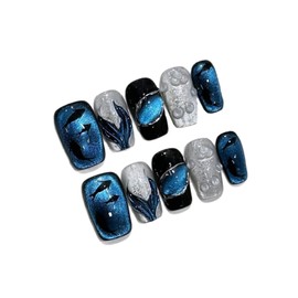 Medium Square Press on Nails Cat Eye Handmade False Nails with Designs, French Tip Short Coffin Reusable Fake Nails (Ocean Whales#Medium)