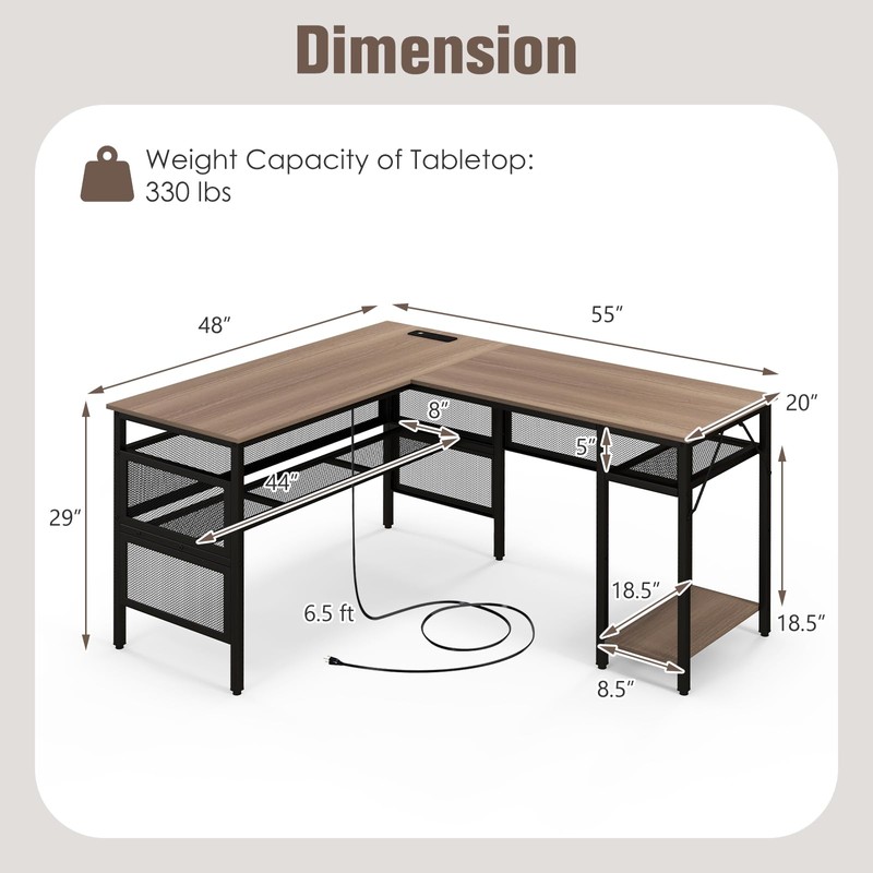 COSTWAY L Shaped Desk with Charging Station, 55” Reversible Corner